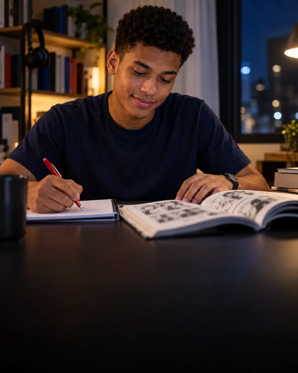 Jovem fazendo anotações no caderno ao lado de um mangá aberto, à mesa de casa