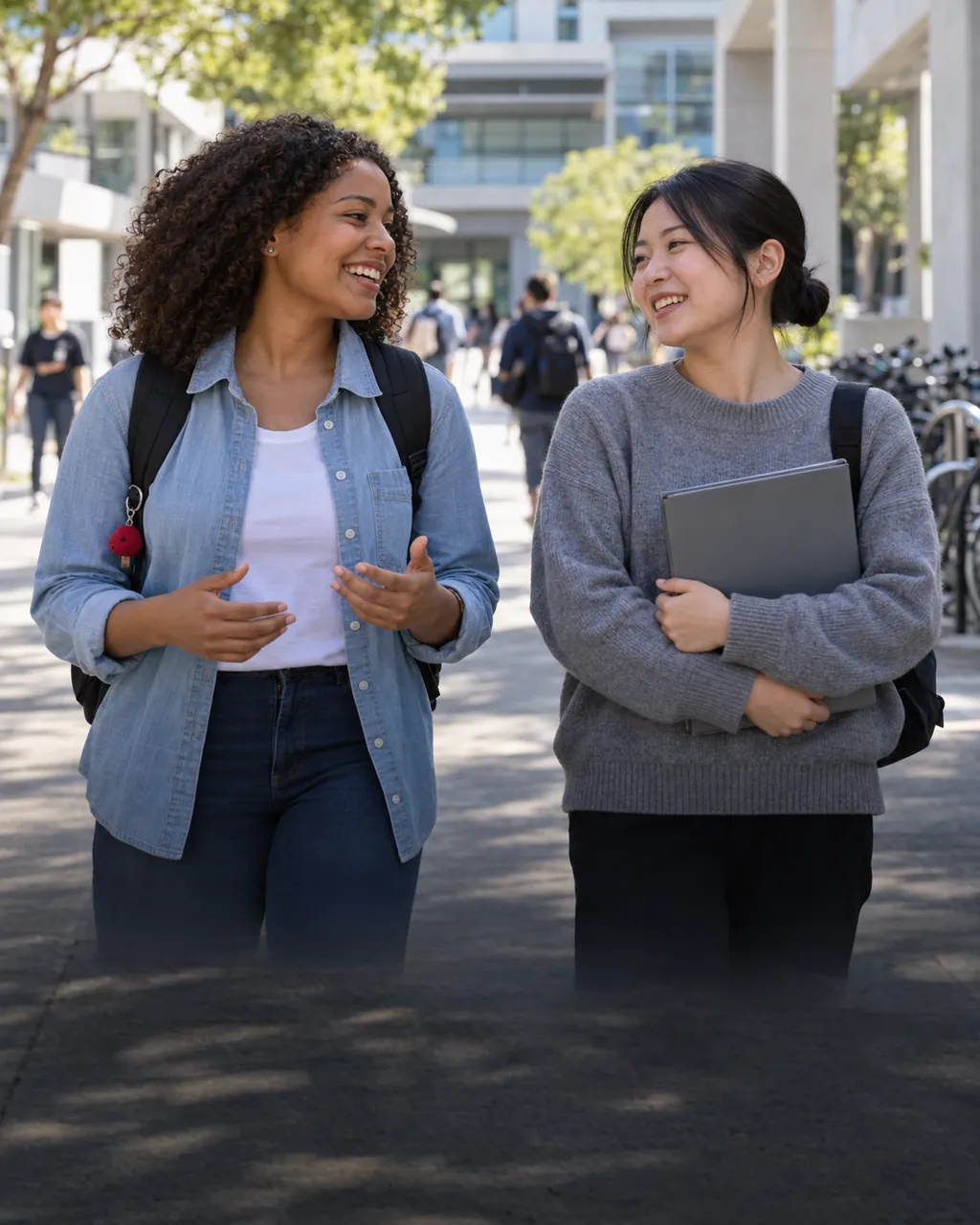 Estudante brasileira conversando com uma colega no pátio de um campus universitário